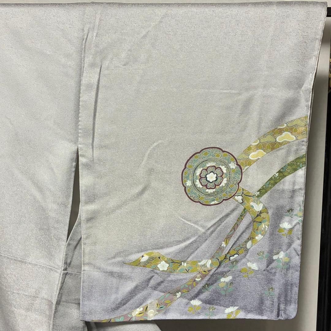 D305 訪問着 華文 花模様 グレー 正絹 着物 袷 しつけ糸付き未使用極美