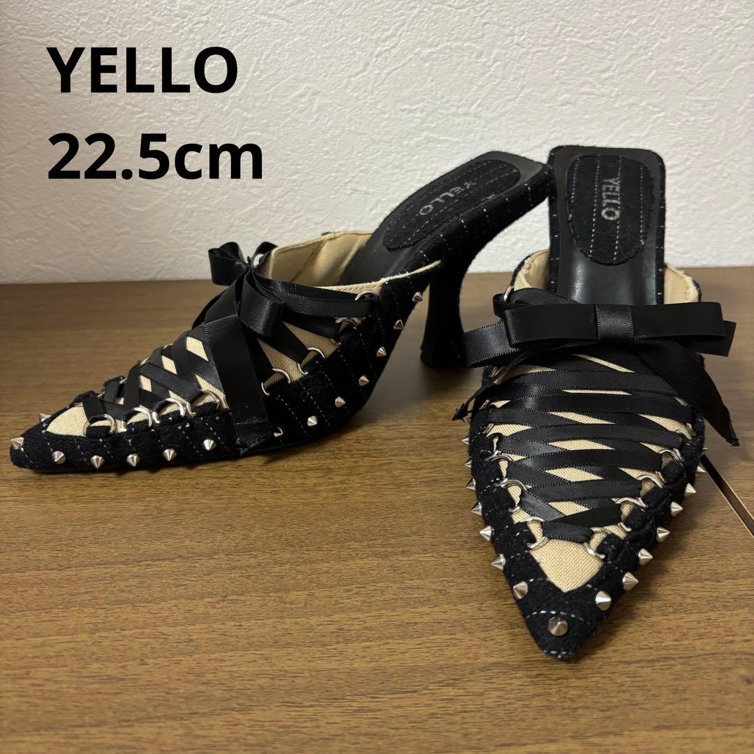 YELLO イエロ リボン ミュール サンダル ハイヒール スタッズ ブラック サンダル ポインテッドトゥ斜めヒールミュール レディース : ZOZOTOWN