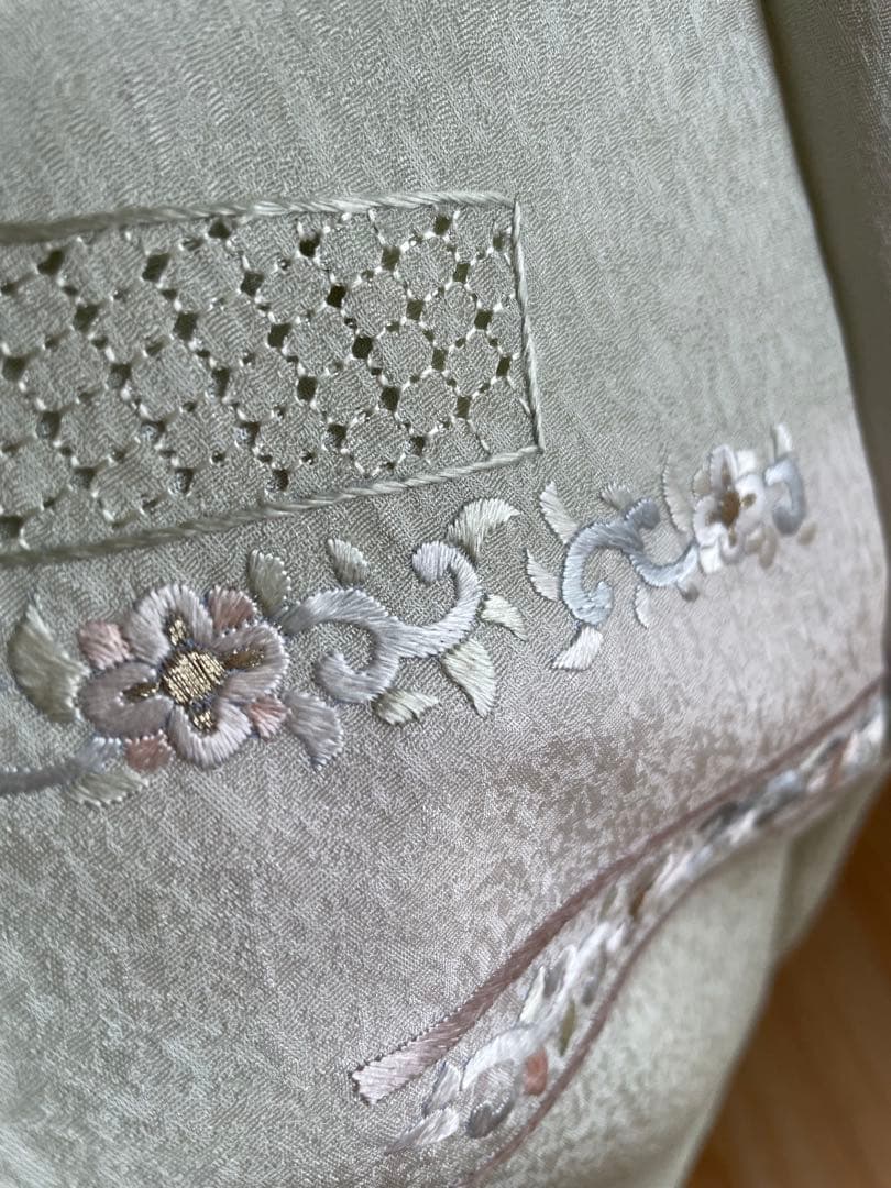 正絹 付け下げ汕頭刺繍 袷 裄丈69.5 身丈171 トール身幅広 ガード加工