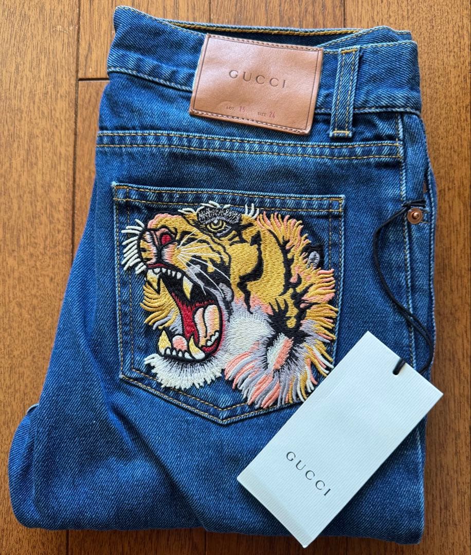 GUCCI タイガー フラワー 刺繍 デニム ジーンズ 虎 グッチ ミケーレ