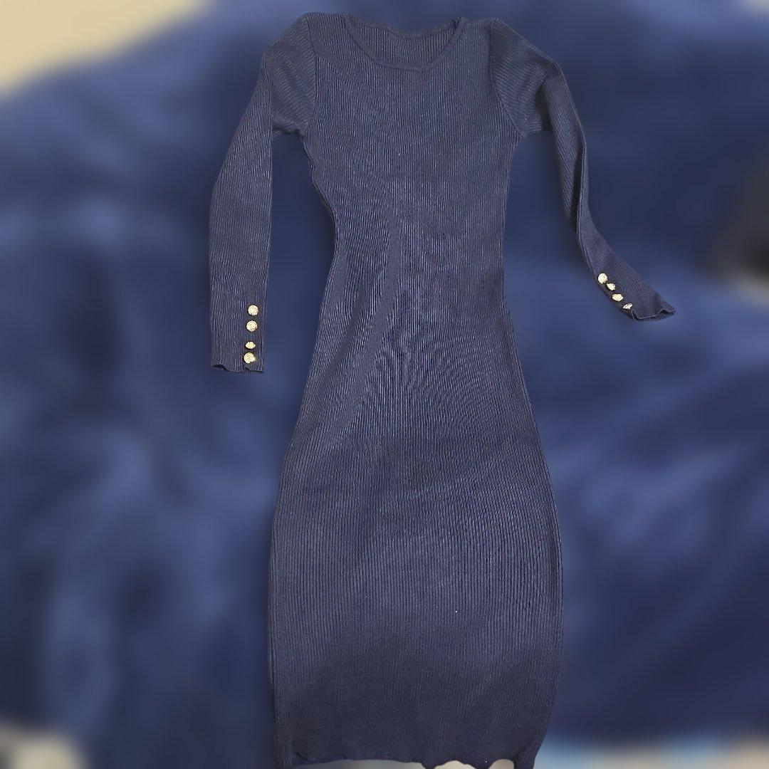 ネイビーリブ編みニットワンピース - メルカリ