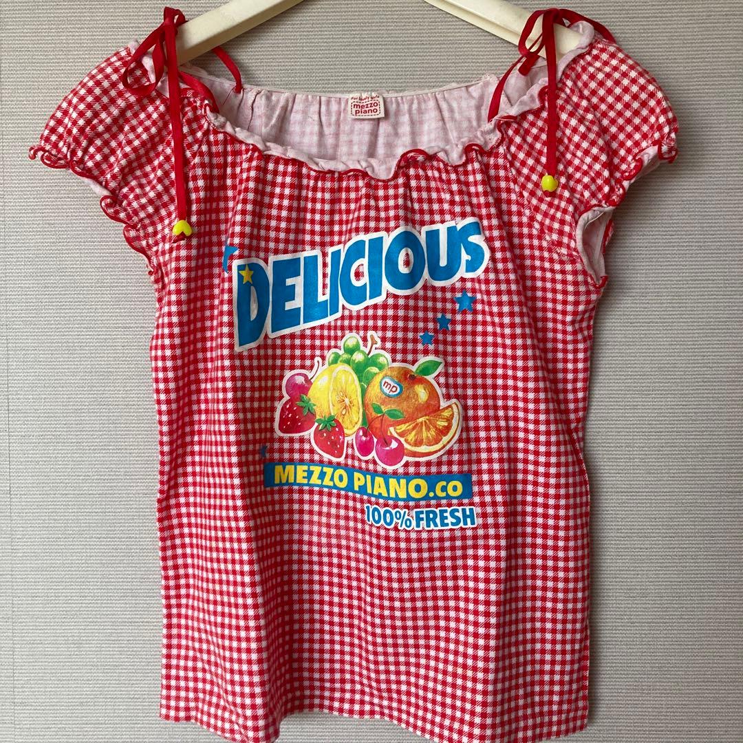 【平成レトロ】メゾピアノTシャツ150 フルーツxギンガムチェック 平成レトロ】メゾピアノTシャツ150 フルーツxギンガムチェック 平成