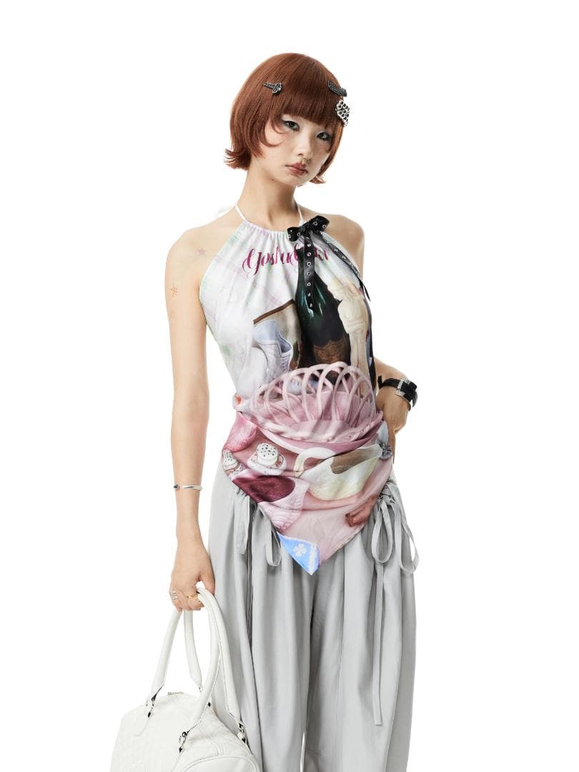 YoshuYuki　ギャル プリント ホワイト キャミソール Y2Kギャルホワイトプリントクロスデザインタイトキャミソール