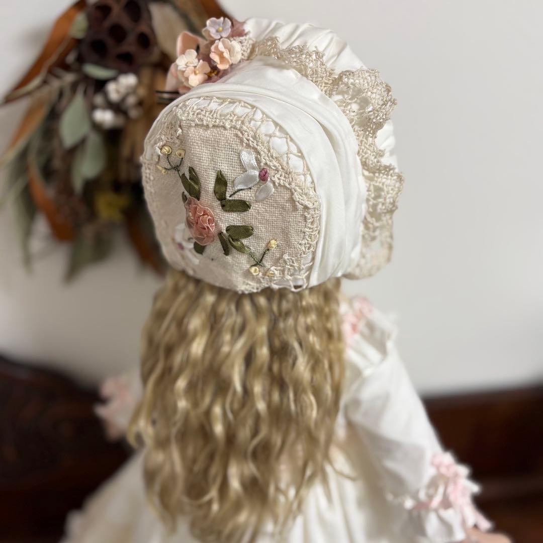 アンティークドール ビスクドール ドレス ボネ コットンシルク ピンク