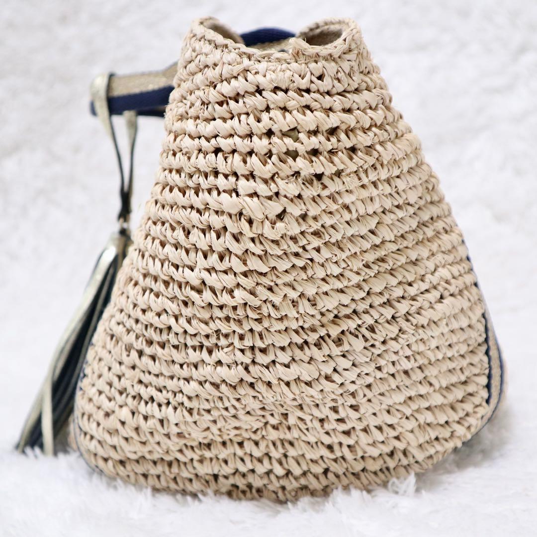 美品☆ヴィオラドーロ かごバッグ ラフィア タッセル ラメ ネイビー