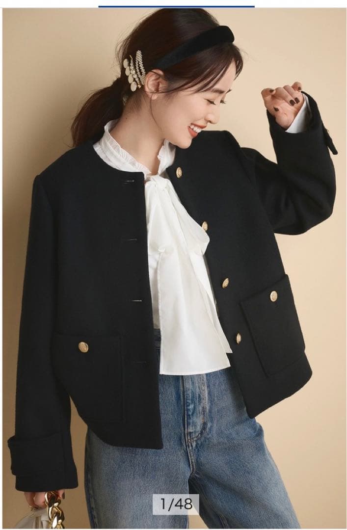 アプワイザーリッシェApuweiser-riche 金釦ノーカラーショートコート