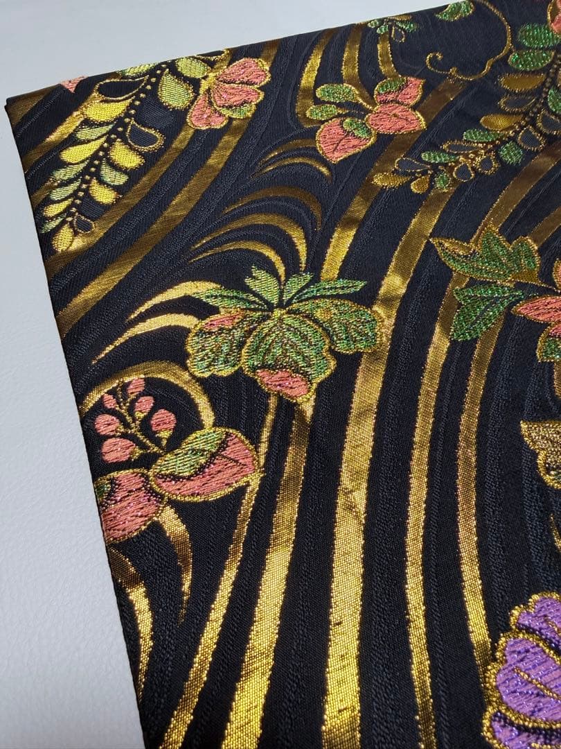 高級 袋帯 正絹 六通柄 辻が花 ブラック ゴールド 振袖 訪問着 色無地