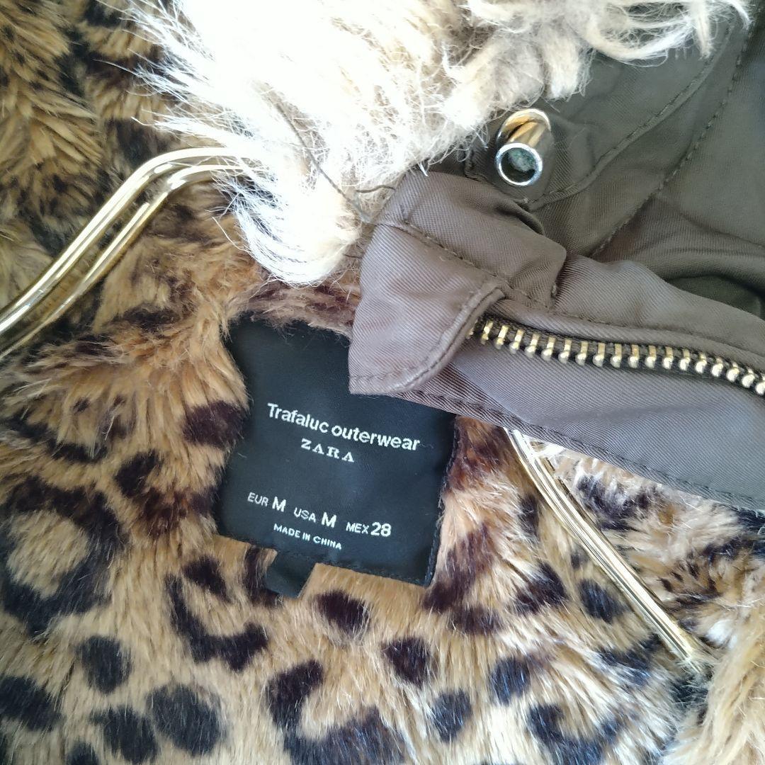ZARA ザラ ヒョウ柄 ファー付きフードモッズコートMカーキ - メルカリ