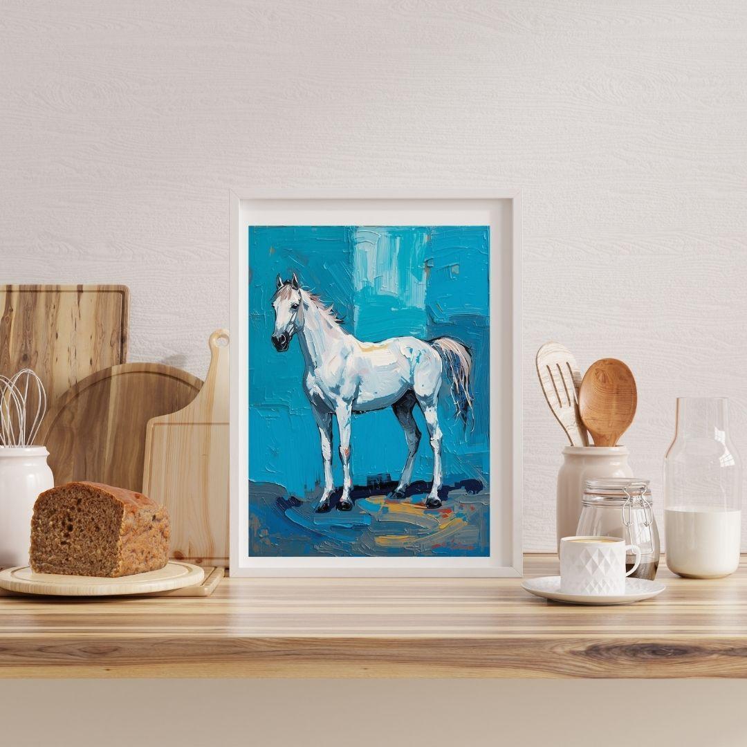 193 白馬 アートポスター 油絵風 青 幻想的 馬 おしゃれ インテリア