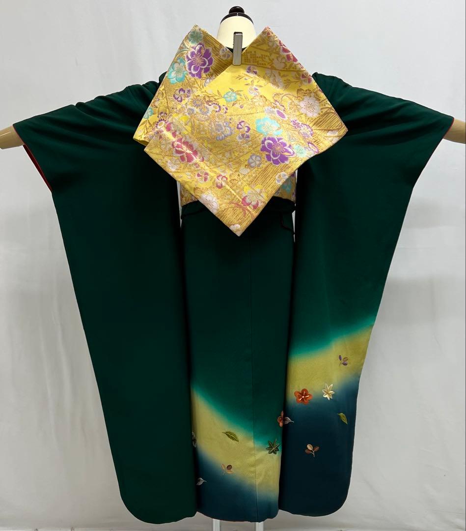 振り袖 フルセット 長襦袢付 緑 成人式 パーティー 刺繍入り 長尺袋帯