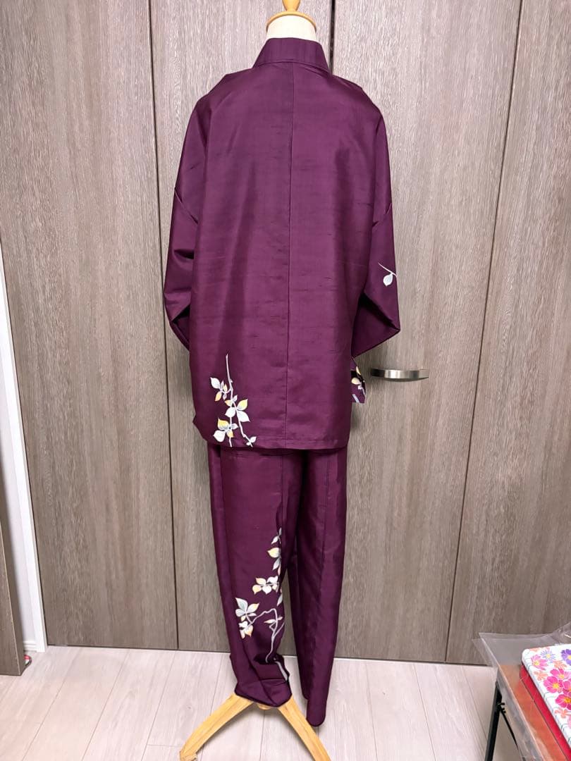 着物リメイク訪問着 枝花文 正絹から作務衣 長身の方でも股下75センチ