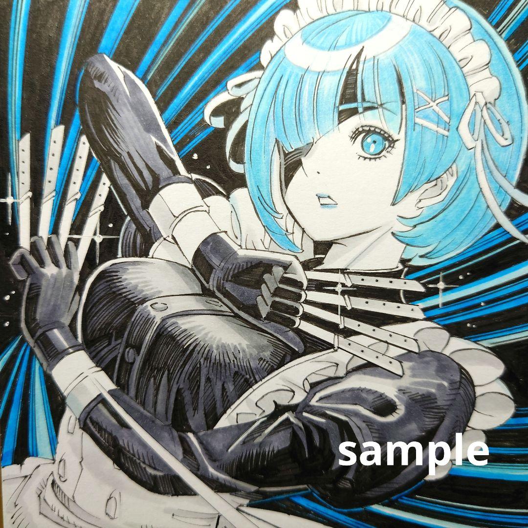 手描きイラスト 212】オリジナル原画 色紙「戦うメイド “参”ナイフ使い