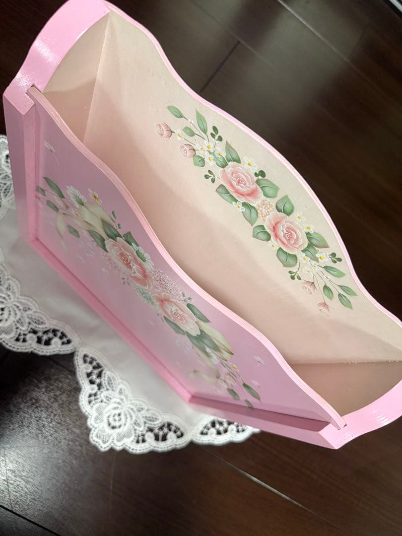 トールペイント作品 ピンクの薔薇とリボン柄 木製収納ボックス