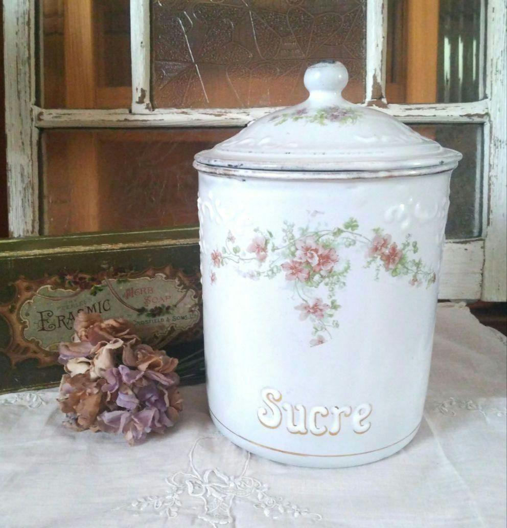 レア✨フランスアンティーク BF社 ホーローキャニスター すみれ 菫 花柄 アンティークホーロー 花柄キャニスター フランス製