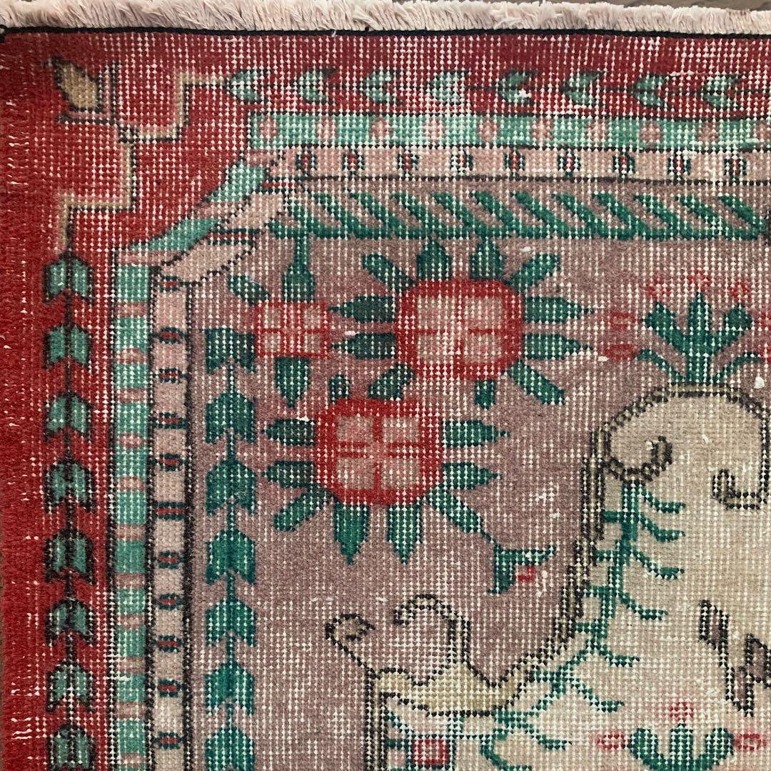 トルコヴィンテージラグ205×122 モーヴピンクフラワートルコラグ