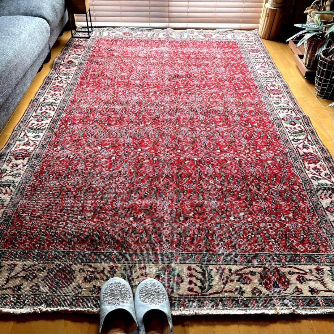 大判　162×262 クリーム縁取り　ストロベリー草花　トルコヴィンテージラグ 大判 162×262 クリーム縁取り ストロベリー草花 トルコヴィンテージ