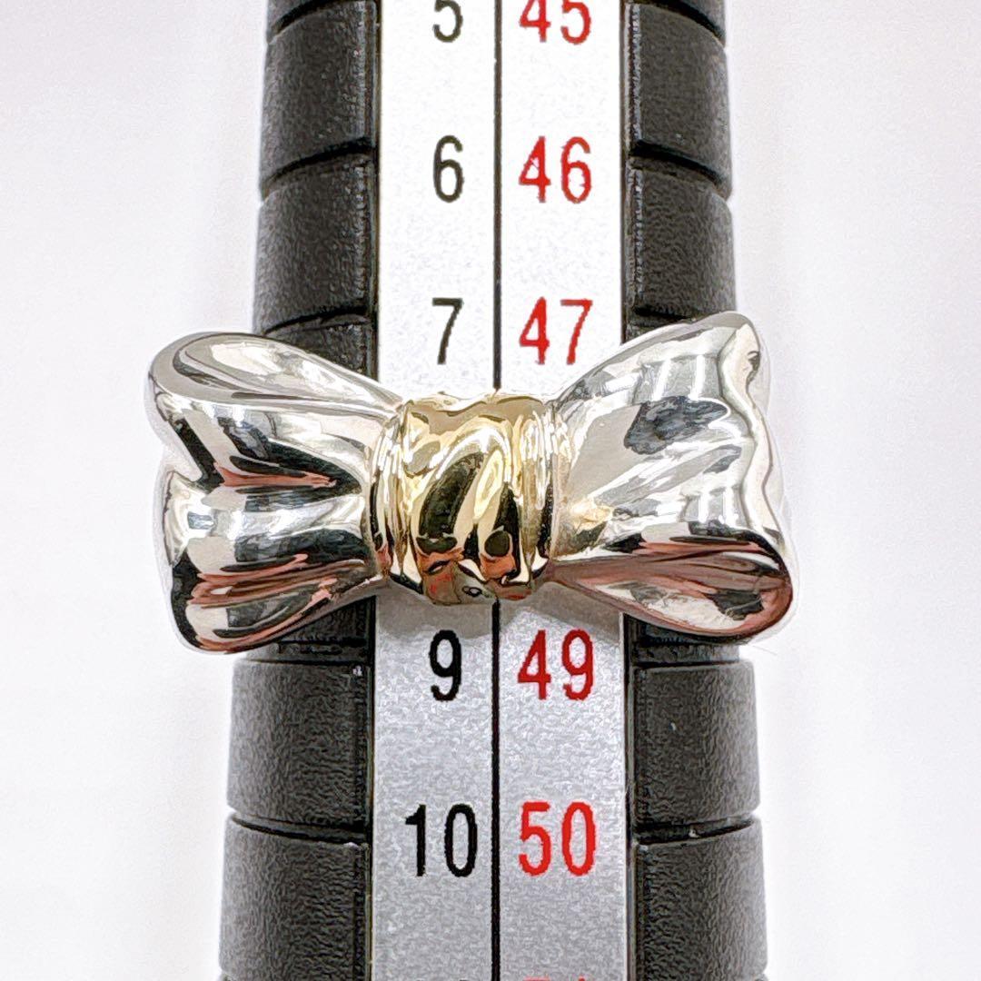 極美品 オールドティファニー リボン コンビ リング 8号 シルバー k18