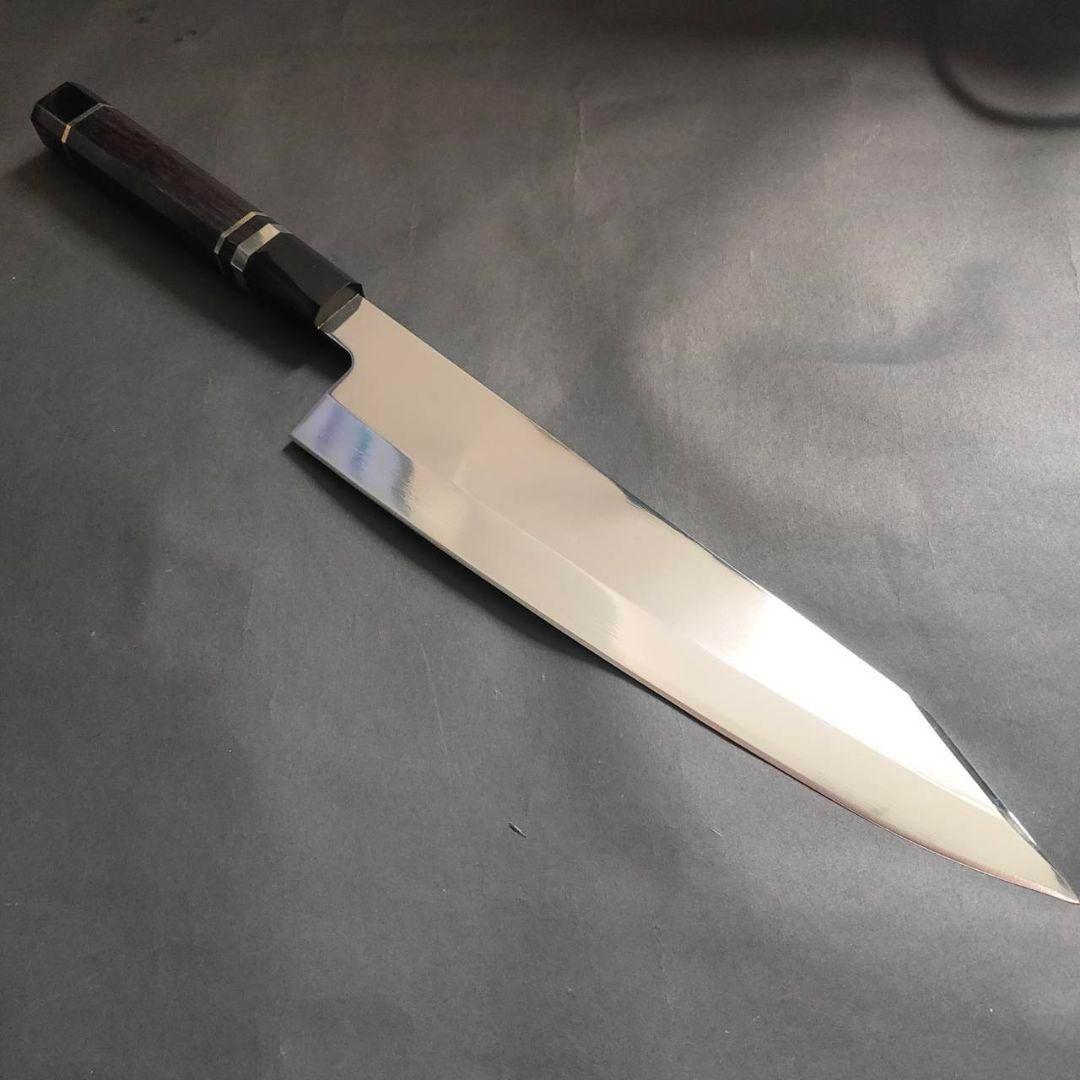 k*0様 ウルトラ鏡面銀三本焼 刀型切付包丁285mm 黒檀銀巻柄 柳刃包丁 堺 孝行 銀龍 本焼 スウェーデン鋼 鏡面仕上げ 剣型柳刃包丁 300mm