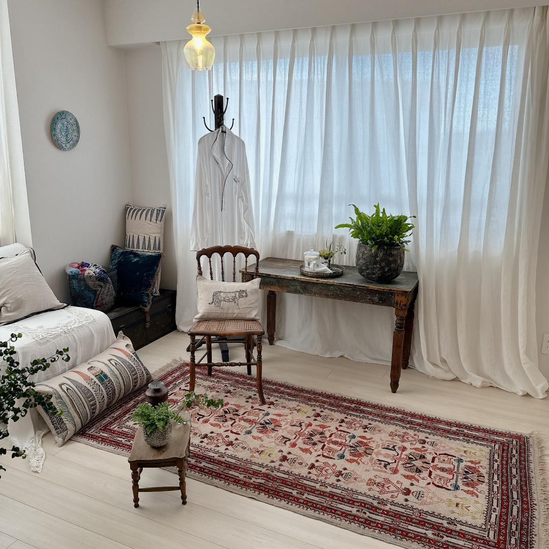 トルコ製ヴィンテージラグ771高級 レア アイボリー レッド イエロー