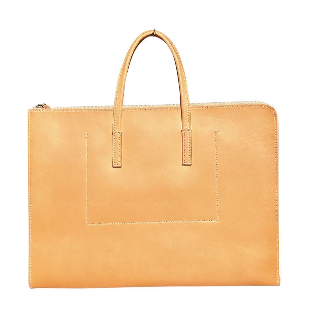 genten】ブリーフケース ヌメ革 ロゴ刻印 キャメル ビジネスバッグ