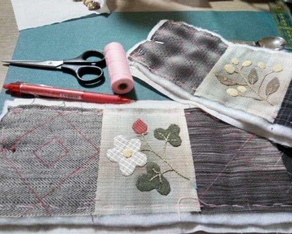 パッチワークキルト 《お花とバスケット・アップリケ&刺繍》 (残1点)