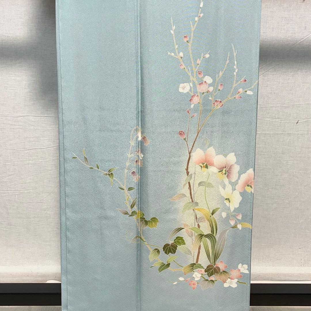 D227訪問着 手描き友禅 水色 花模様 正絹着物 袷 しつけ糸付き未使用極