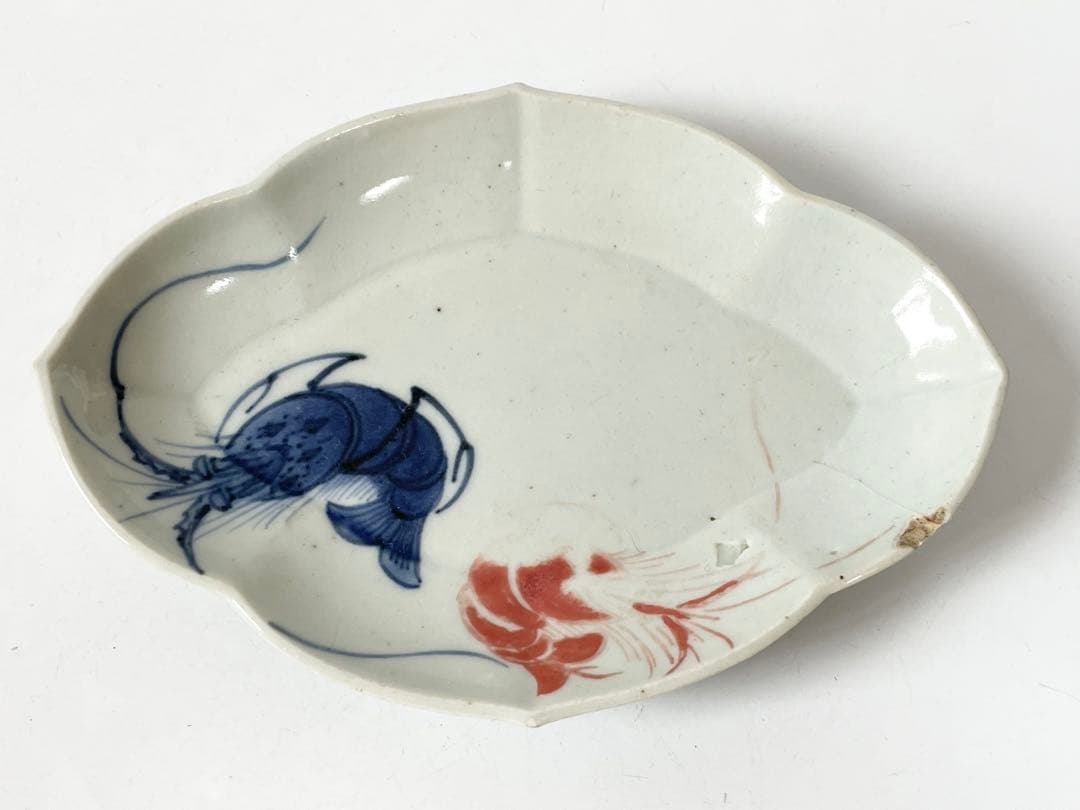 骨董 アンティーク 色絵古九谷 古伊万里 染付 赤絵 海老文様 変形皿 木瓜皿