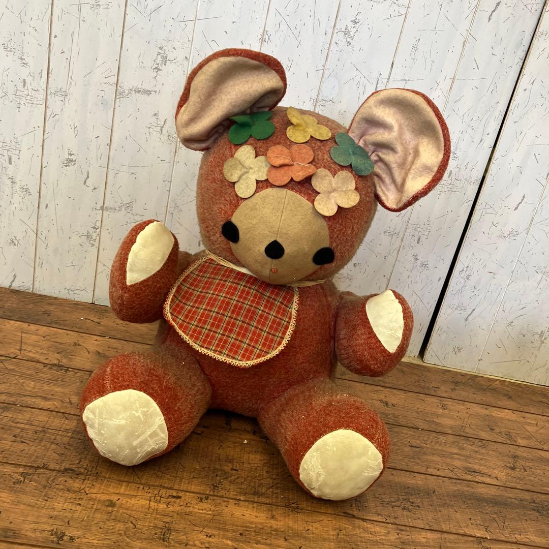 昭和レトロ 熊 クマ ベアー ぬいぐるみ チェック柄 前掛け 花 フラワー