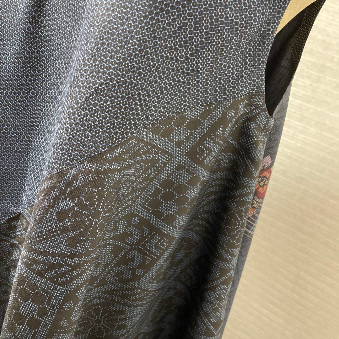 着物ワンピーステントラインロング丈《12》大島紬(証紙付き)等M〜L［紺系］