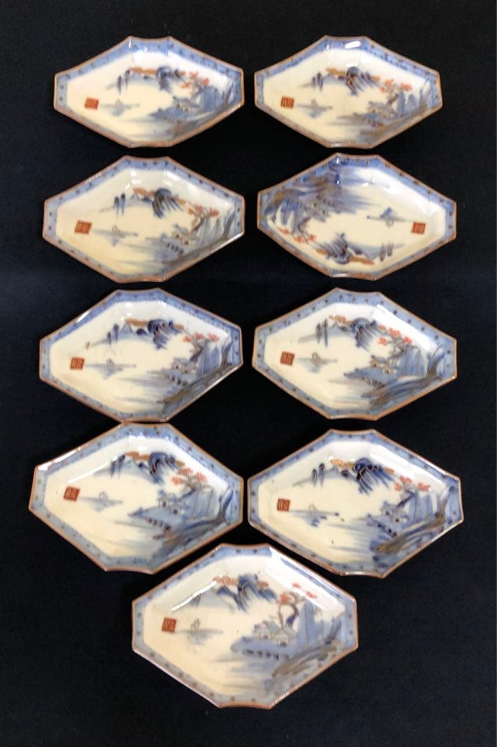 R》伊万里 染付金彩 山水図 菱形皿9客 変形皿250714E2