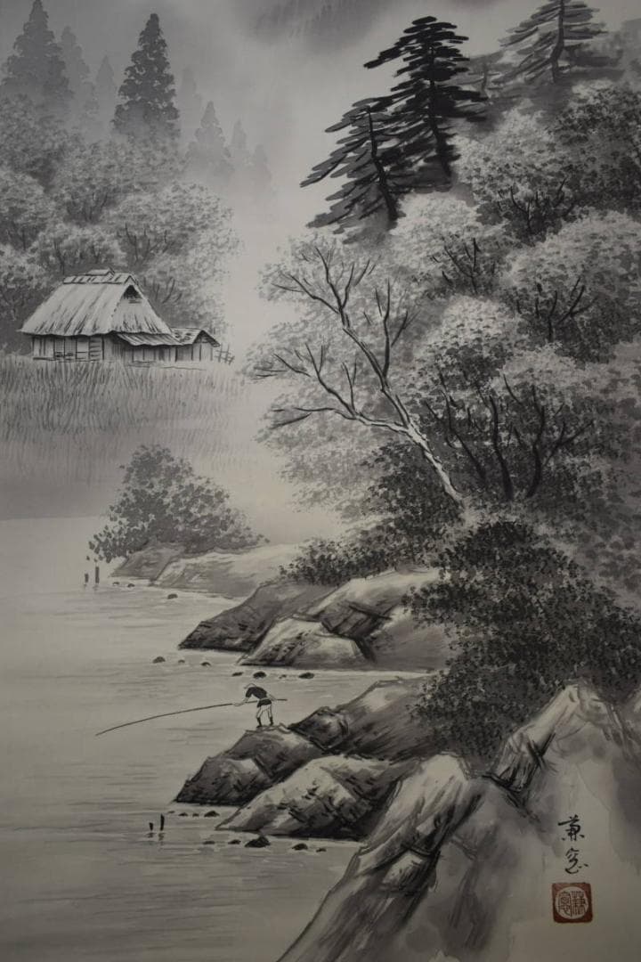 真作/森兼窓/山水釣人図/桐共箱付/布袋屋掛軸HF-54 真作/山内信一/瀑布図/布袋屋掛軸HG-306 真作/六華/山水人物図/布袋屋