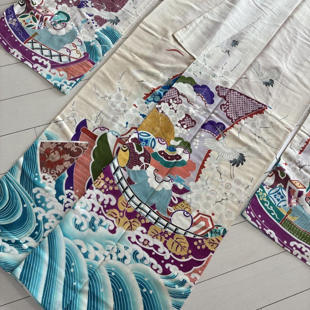 □E5029□アンティーク□正絹縮緬□大正ロマン 五つ紋 宝船と鶴柄 袷