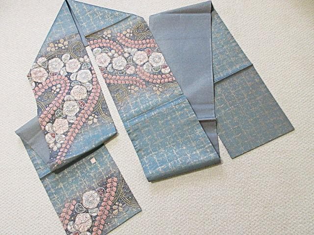 袋帯：辻が花 絞り：高級品：美品：作家印：ブルーグレー金糸織：N97
