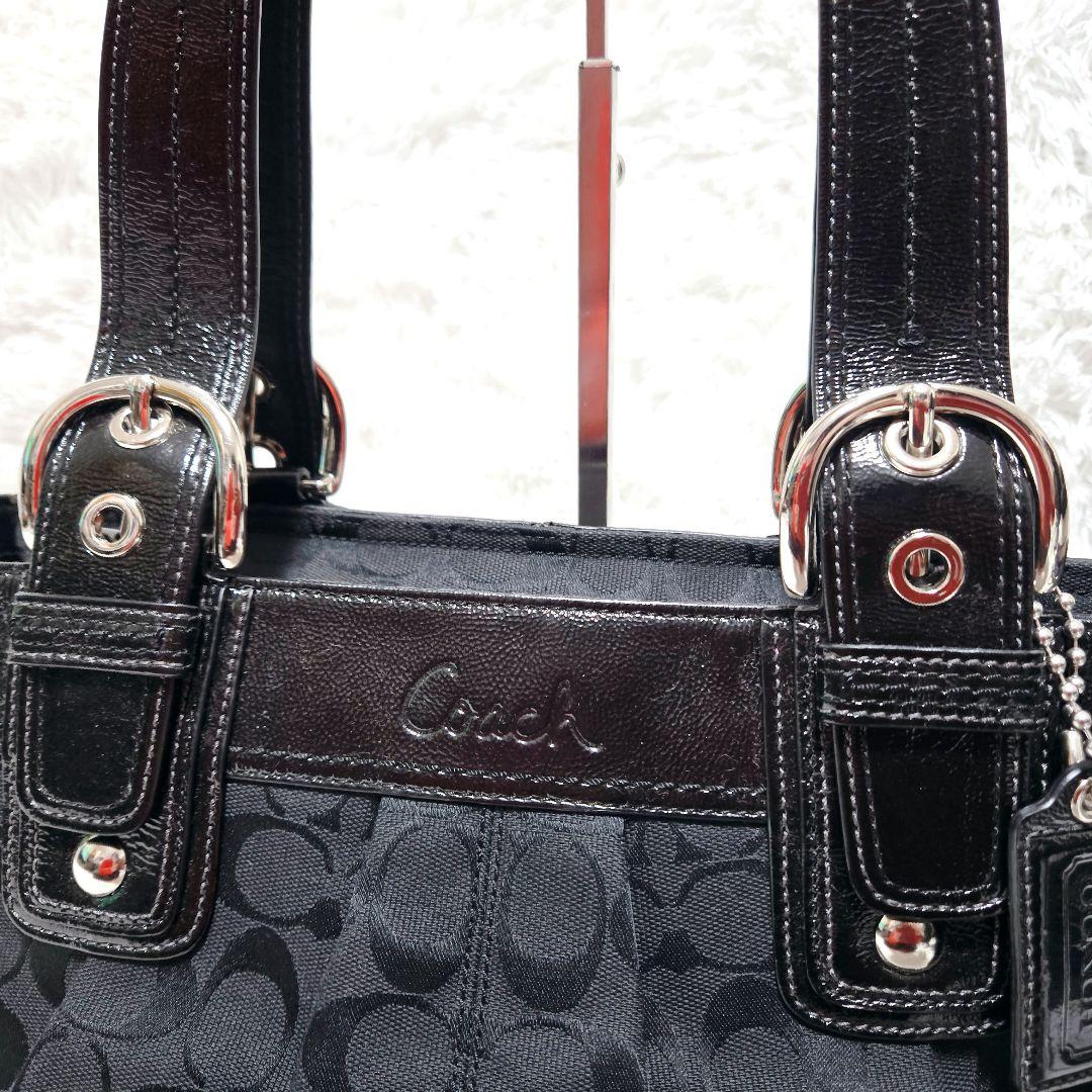 COACH ブラック シグネチャー パテントレザー キャンバス トート