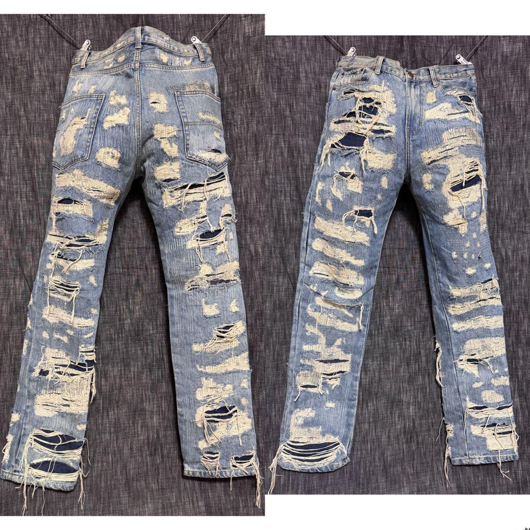 ブランド不明 ハードダメージ加工デニム　ジーンズ インディゴ　デストロイ　YKK デニム | BINGOYA