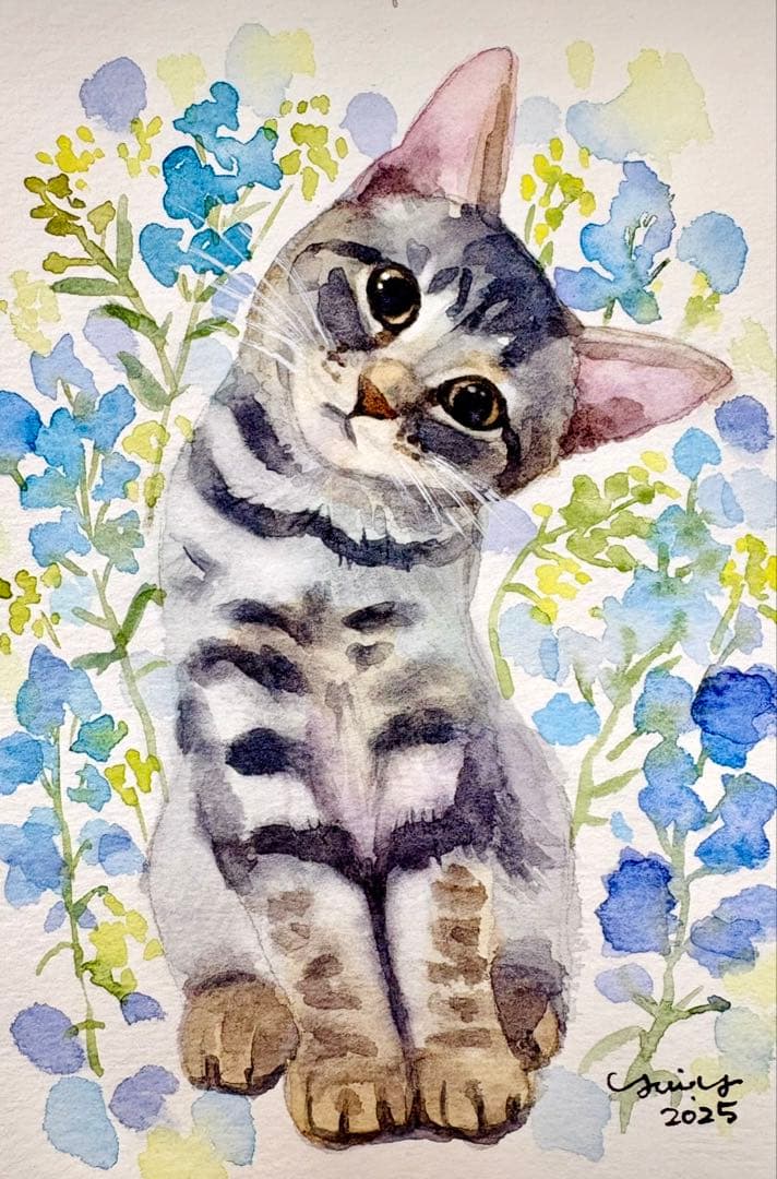 猫の絵 282 水彩画 原画 サバトラ猫 ポストカードサイズ - メルカリ