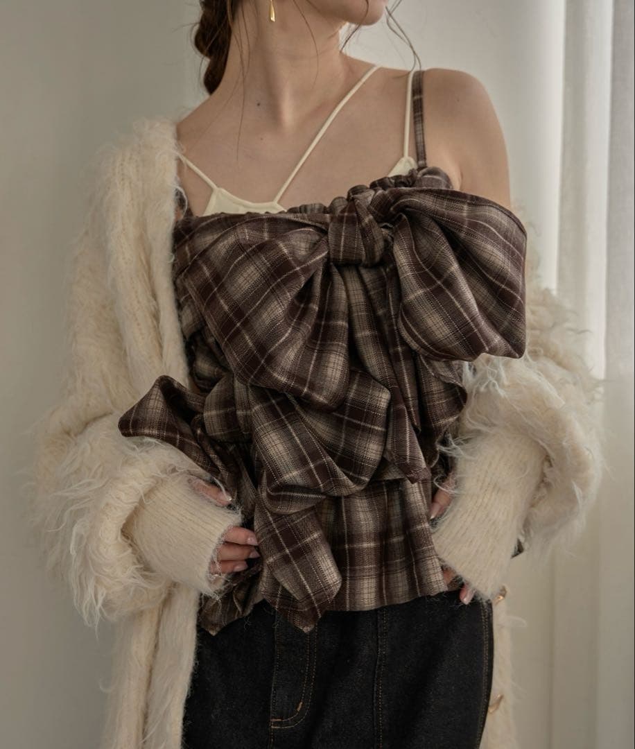 完売品】mideal オンブレチェックダブルリボンビスチェ ブラウン