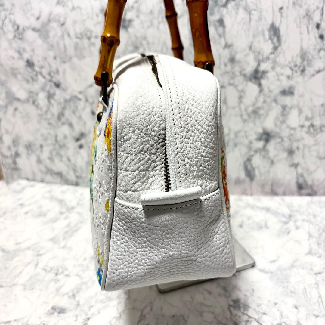 【極美品】タマオユゲ　弓削珠緒　ハンドバッグ　バンブー　ホワイト　花柄　希少