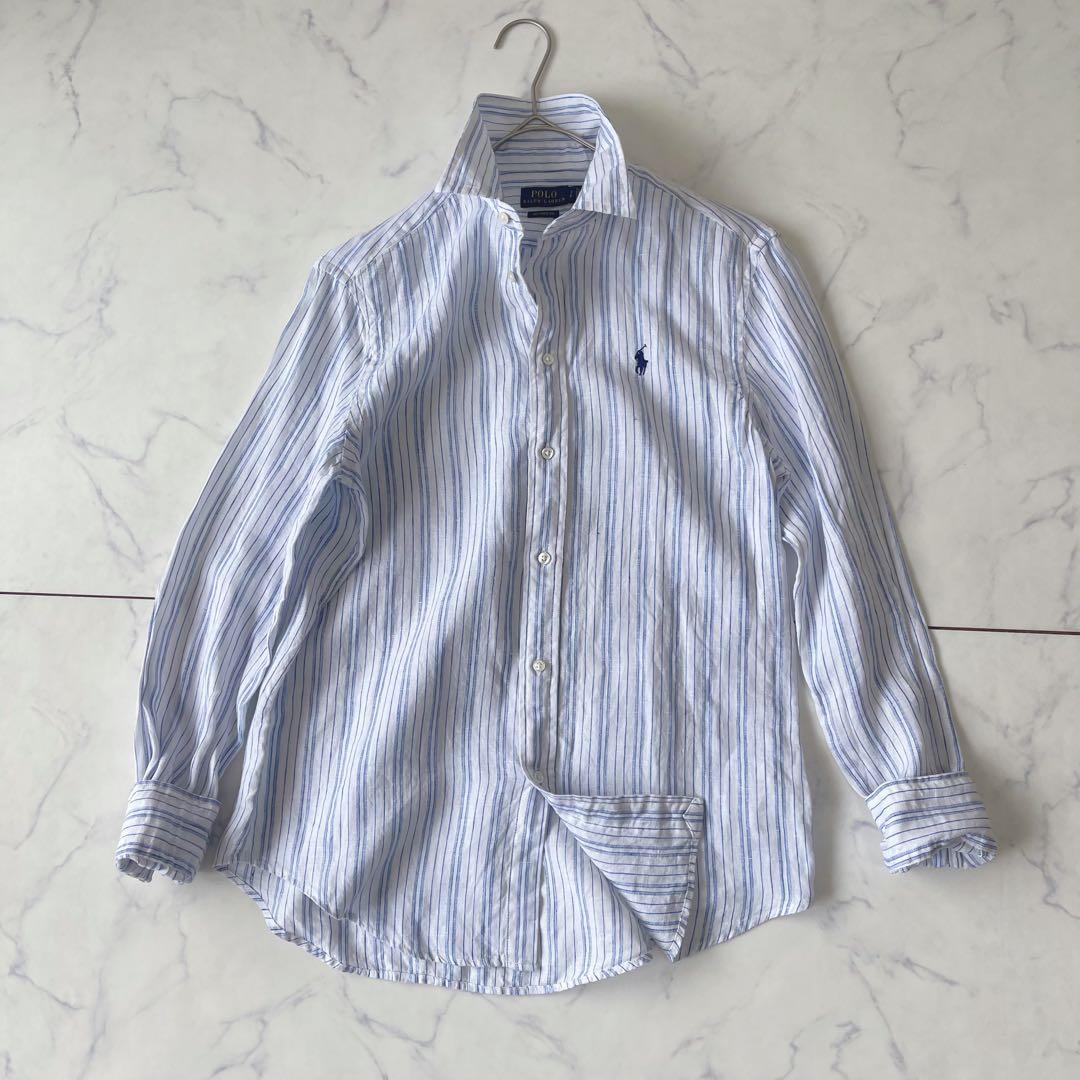 美品】ポロラルフローレン リネン100% 麻 ストライプ シャツ ブルー