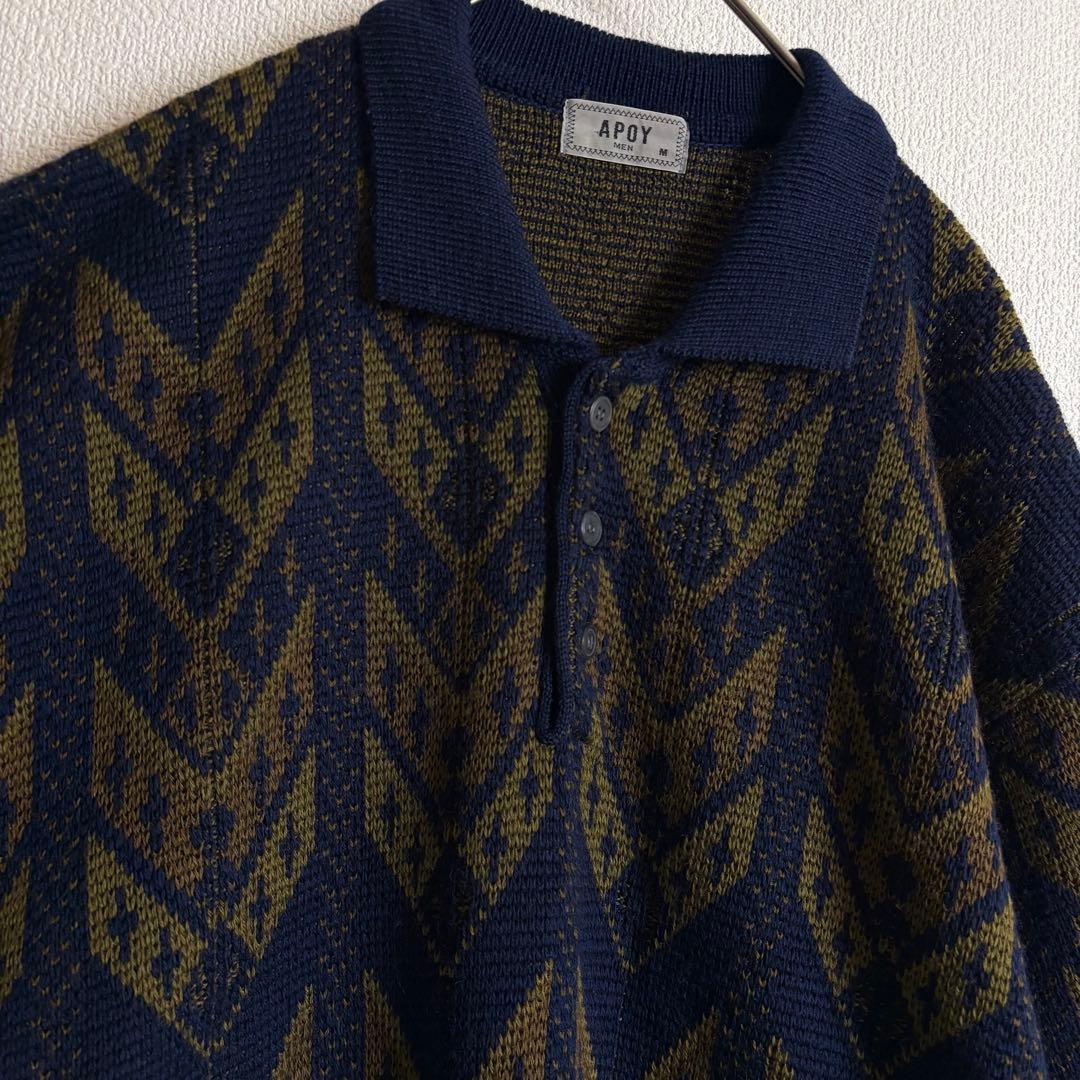 ポロニット 幾何学模様総柄 ハーフボタン 襟袖裾切替 太アーム ユニ