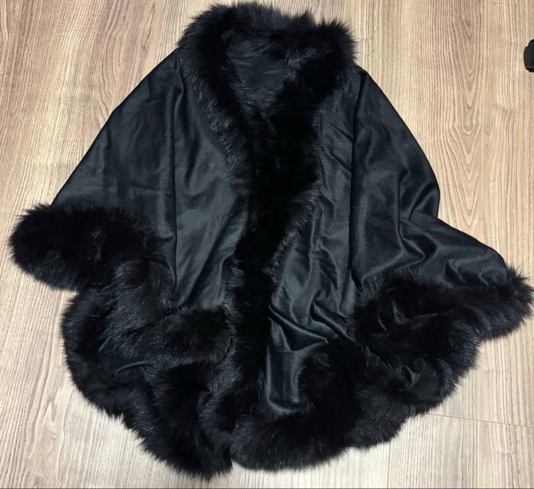 美品 SAGA FURS フォックスファー カシミヤ100％ ショール ブラック