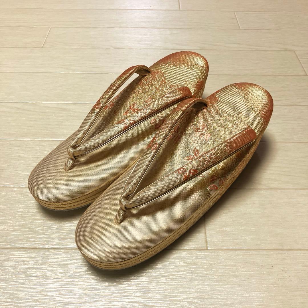 《未使用》佐賀錦　草履バッグセット　東京芝山ブランド　正絹　ゴールド　厚底