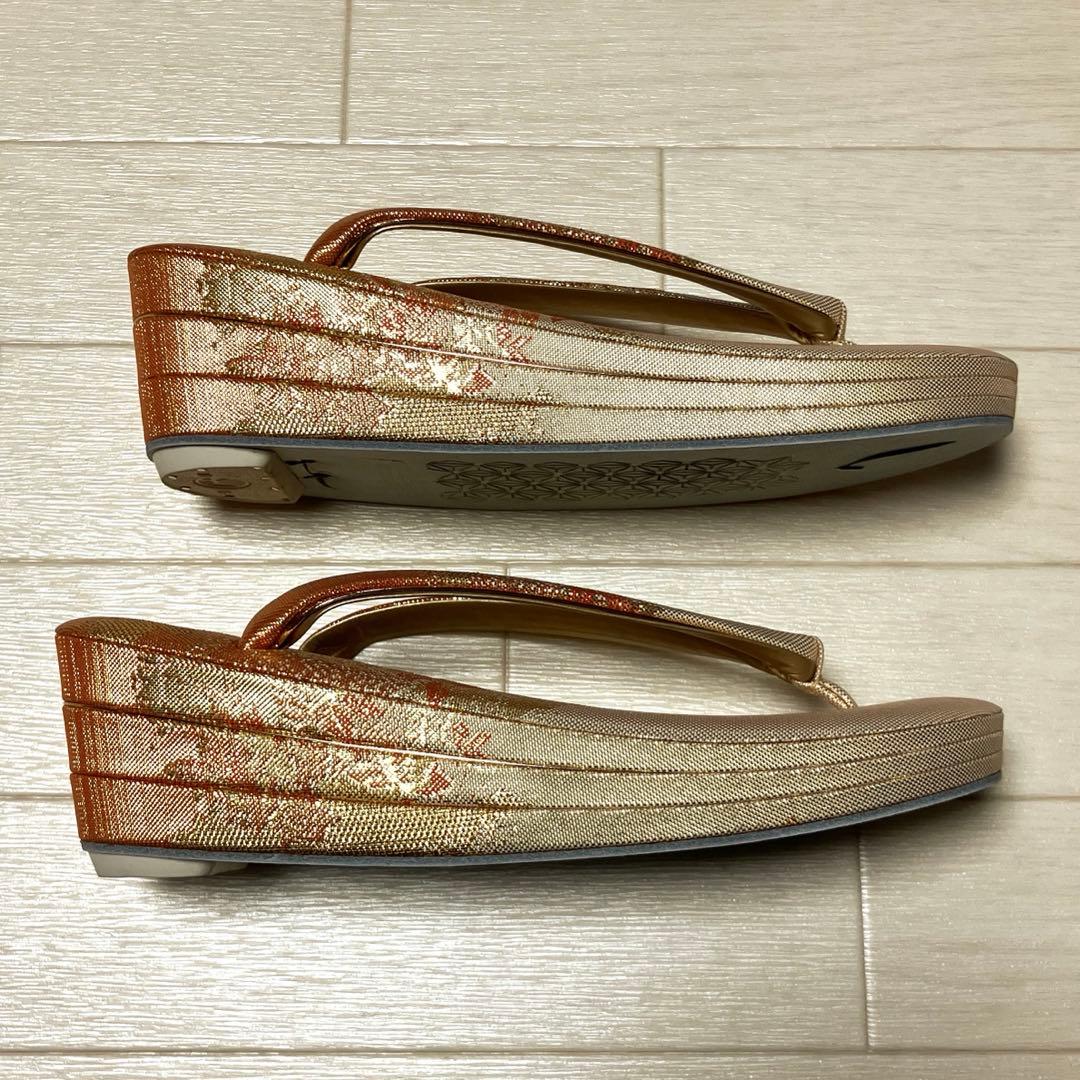 《未使用》佐賀錦　草履バッグセット　東京芝山ブランド　正絹　ゴールド　厚底