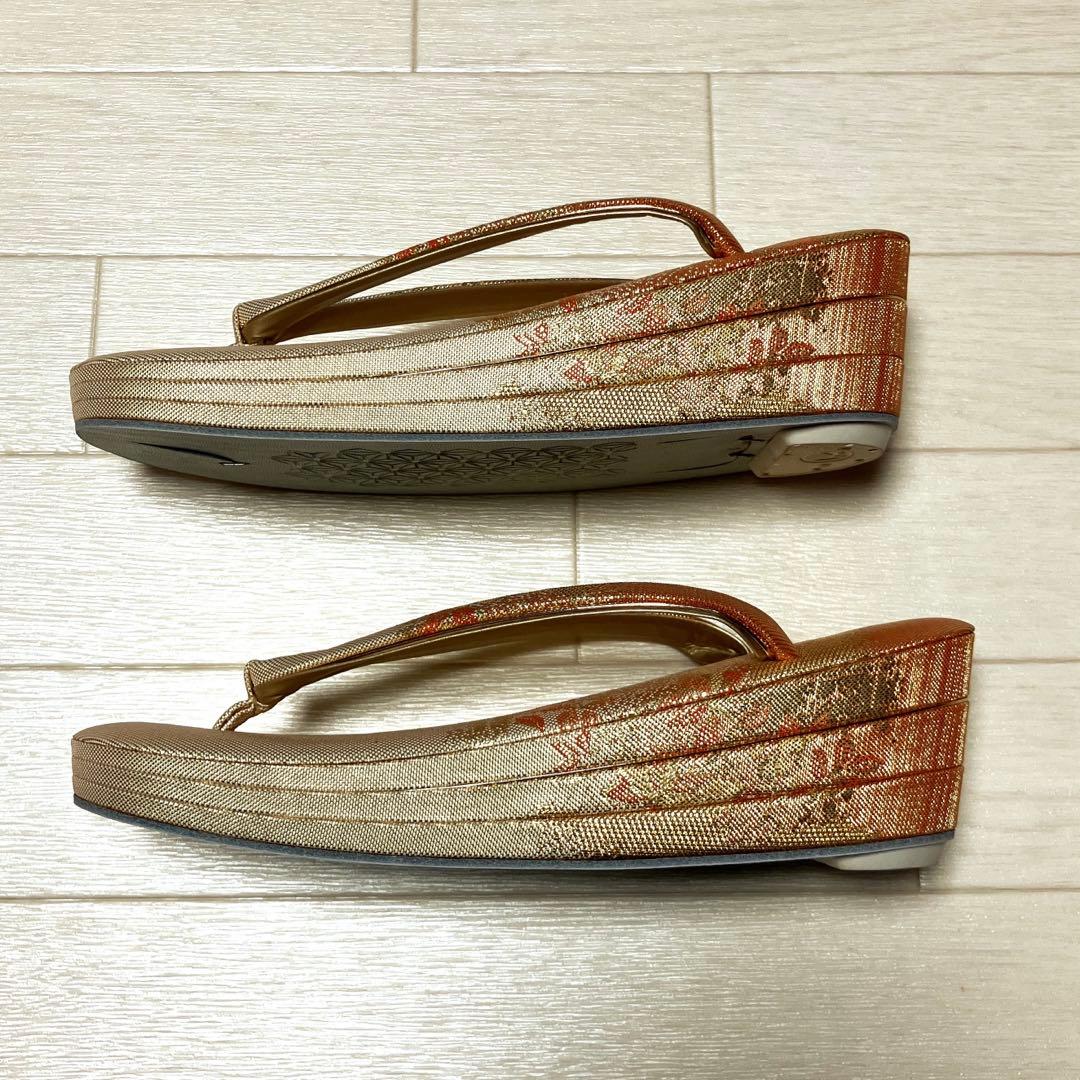 《未使用》佐賀錦　草履バッグセット　東京芝山ブランド　正絹　ゴールド　厚底