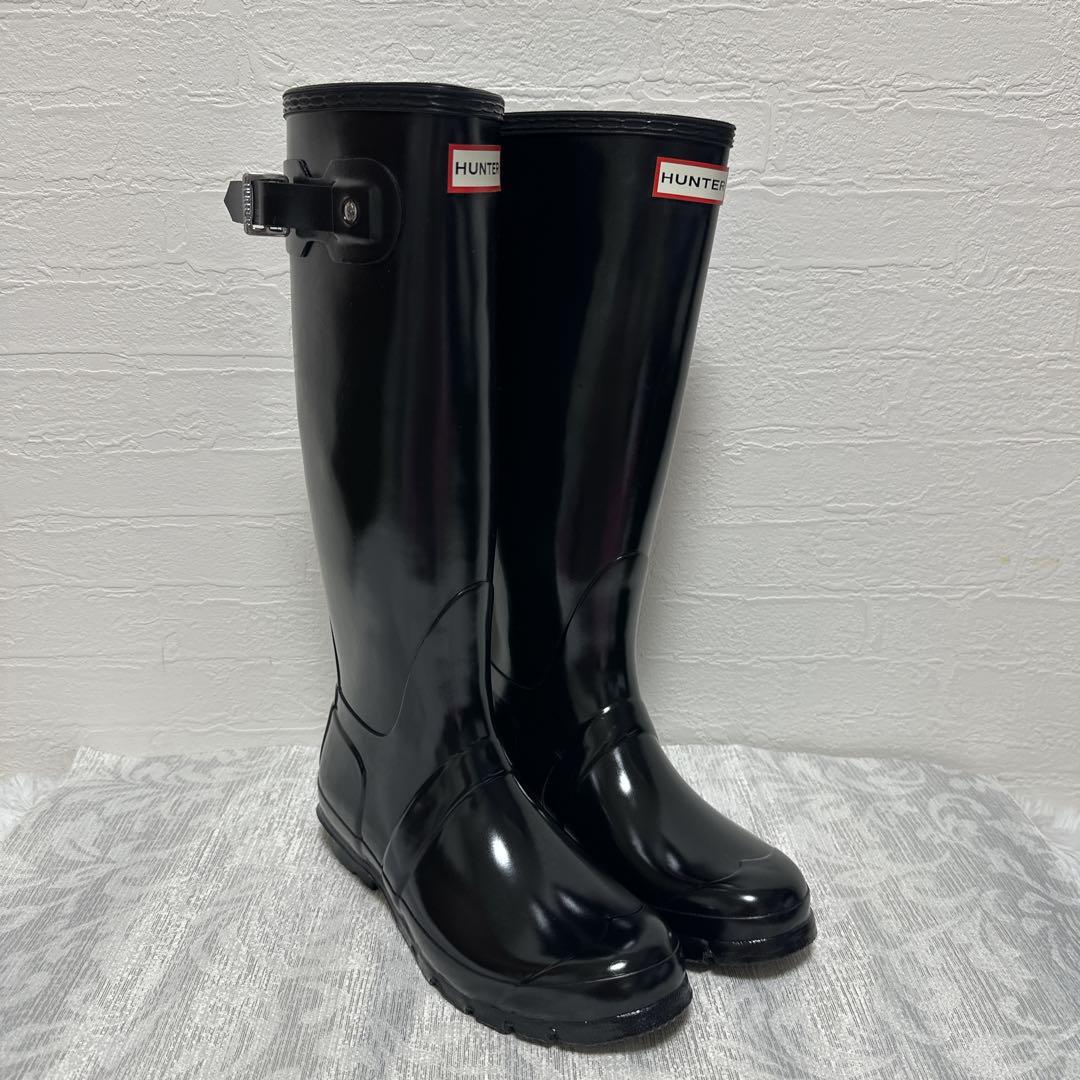 ✳️ HUNTER ハンター ブラック　エナメル　ロングブーツ 24.5cm