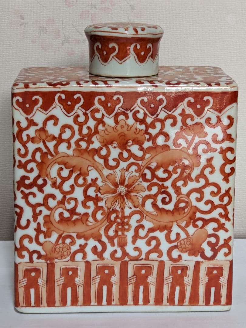 中国 古玩 古美術 紅彩 角形酒缶 瓶 アンティーク 骨董品 コレクション