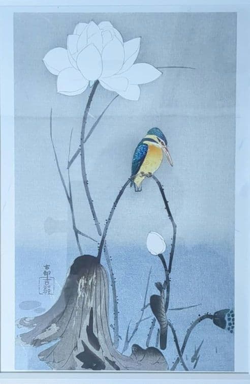 未使用 絵画 絵 日本画 2枚組 蓮の花と鳥 銘入り フレーム入り