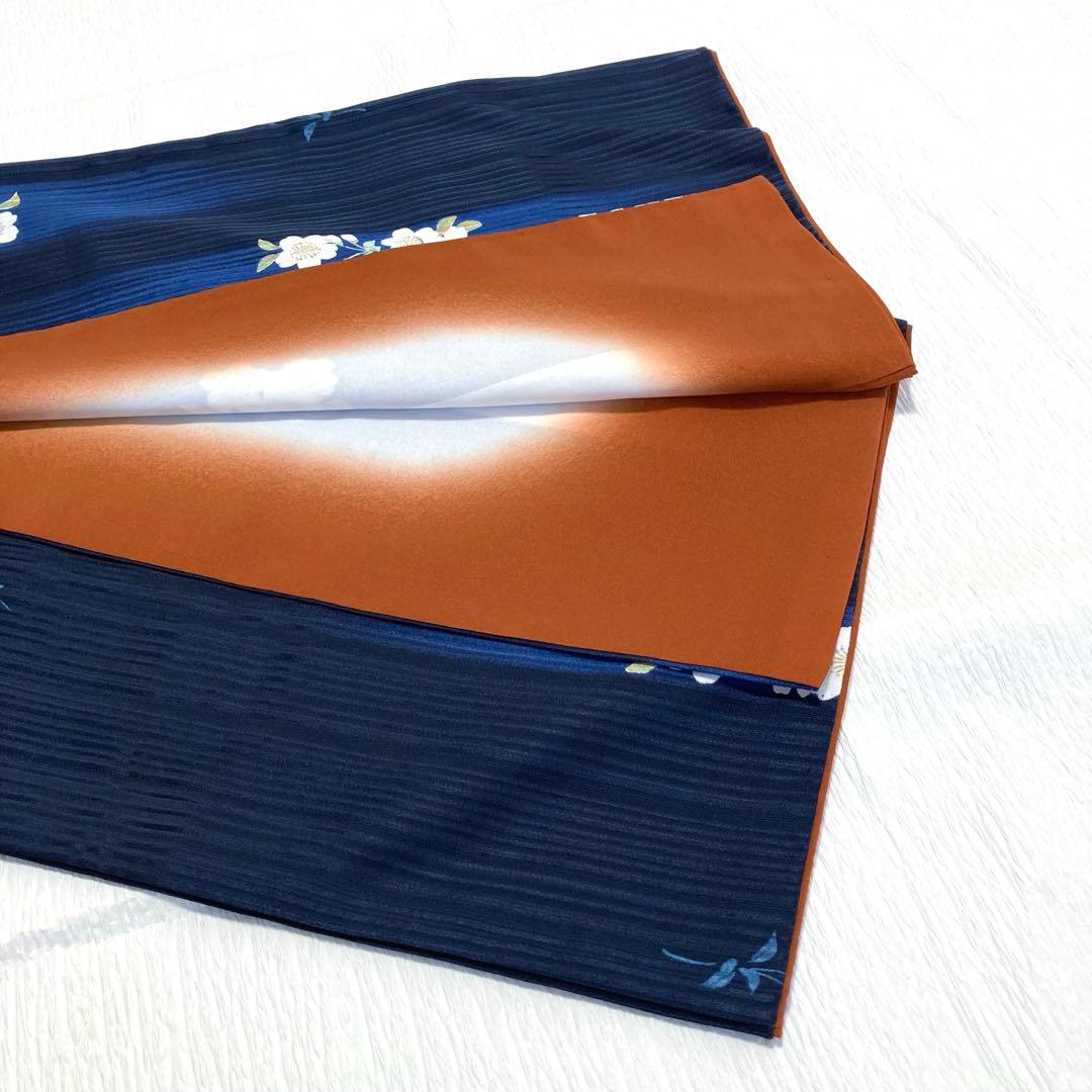 良品✨】東レシルック 洗える着物 小紋 濃紺色 桜模様 手縫い仕立て 幅広B7