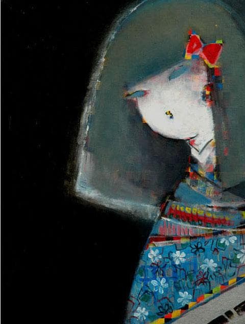 油絵 菅家令子絵 絵画インテリア額付(青緑＋金色の枠)F6-083111