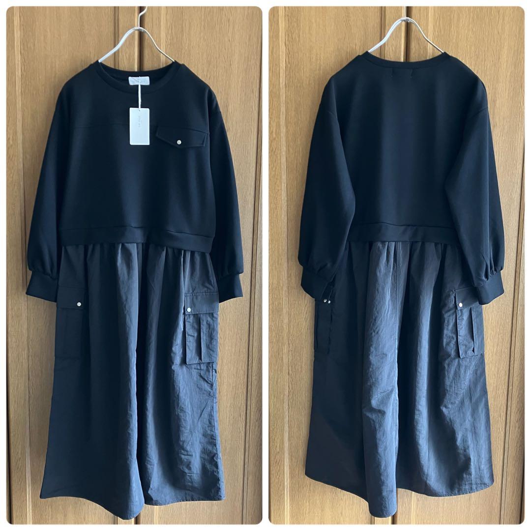 PLUS OTOHA プラスオトハ 異素材ドッキングワンピース 黒 ブラック